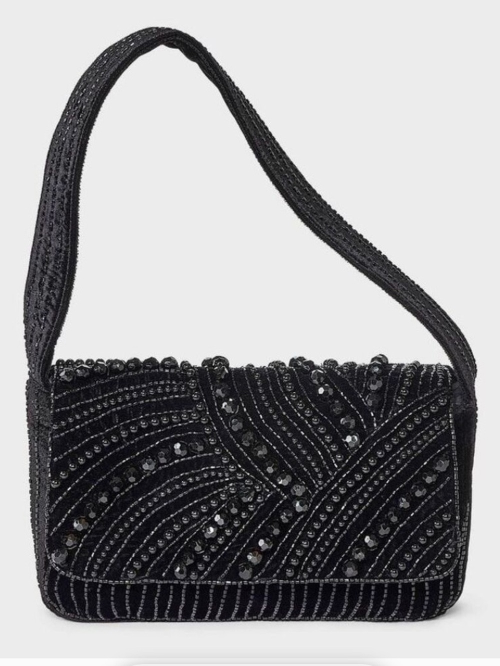 a new day | Women’s Black Beaded Velvet Front Snap Flap Shoulder Bag OS